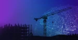 Construction crane on blue-green background
