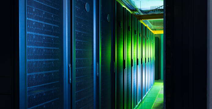 Data centre server racks with green light