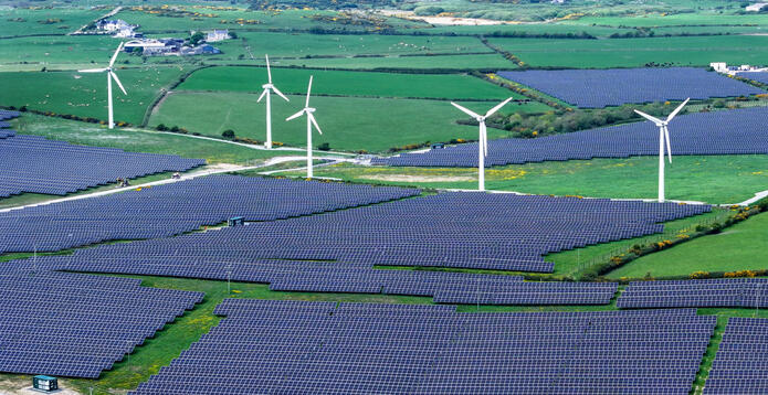 Aerial view of the Lightsource bp solar farm near the Anglesey village of Rhosgoch