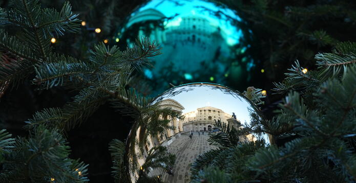Bank of England image reflected in a bauble