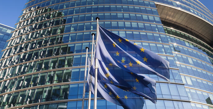 EU flags in front of glass building
