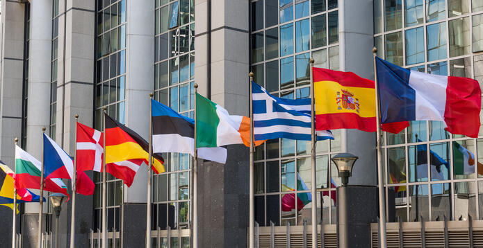 Flags of EU countries outside the European Parliament in Brussels