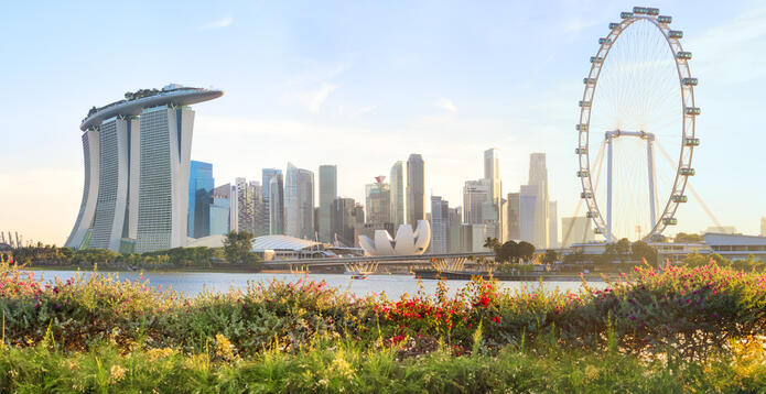 Singapore skyline with Marina Bay Sands, the ArtScience Museum, and the Singapore Flyer viewed across the bay