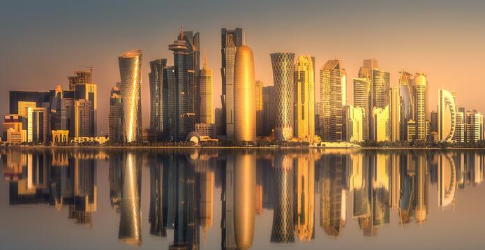 The skyline of West Bay and Doha City Centre during sunset, Qatar