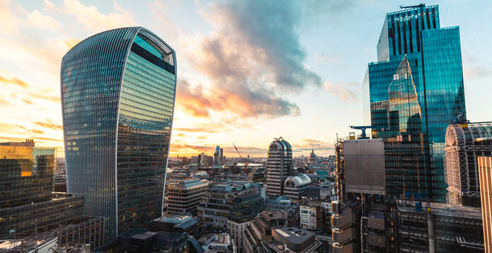 London city skyline at sunset
