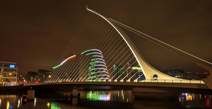The Convention Centre Dublin with ring beam lighting imitating Irish flag