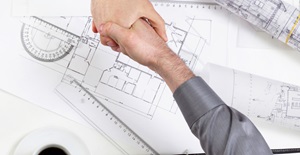 Construction approved blueprints handshake card