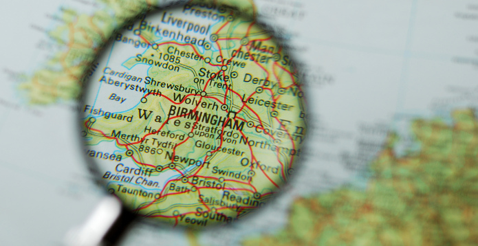 Birmingham magnified on map Card