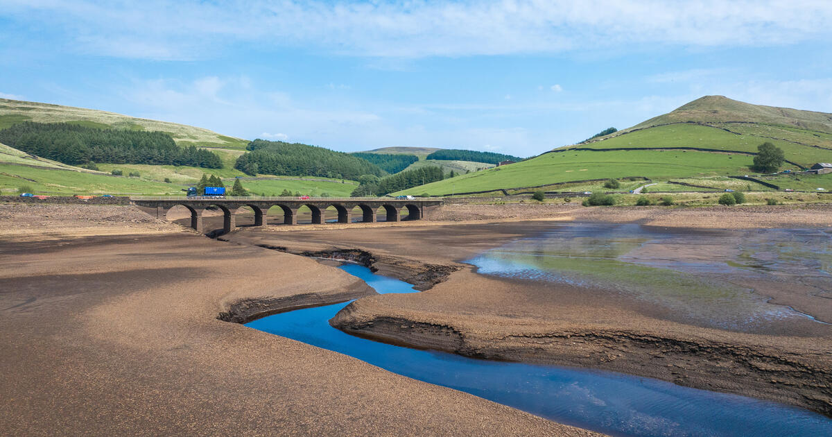 Low water levels at the Woodhead Reservoir in Derbyshire during the summer 2025 drought