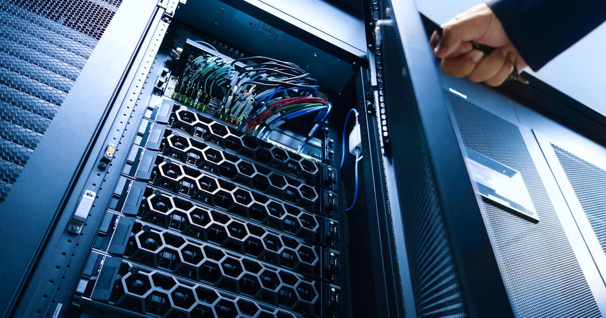 Server rack with cables in data centre