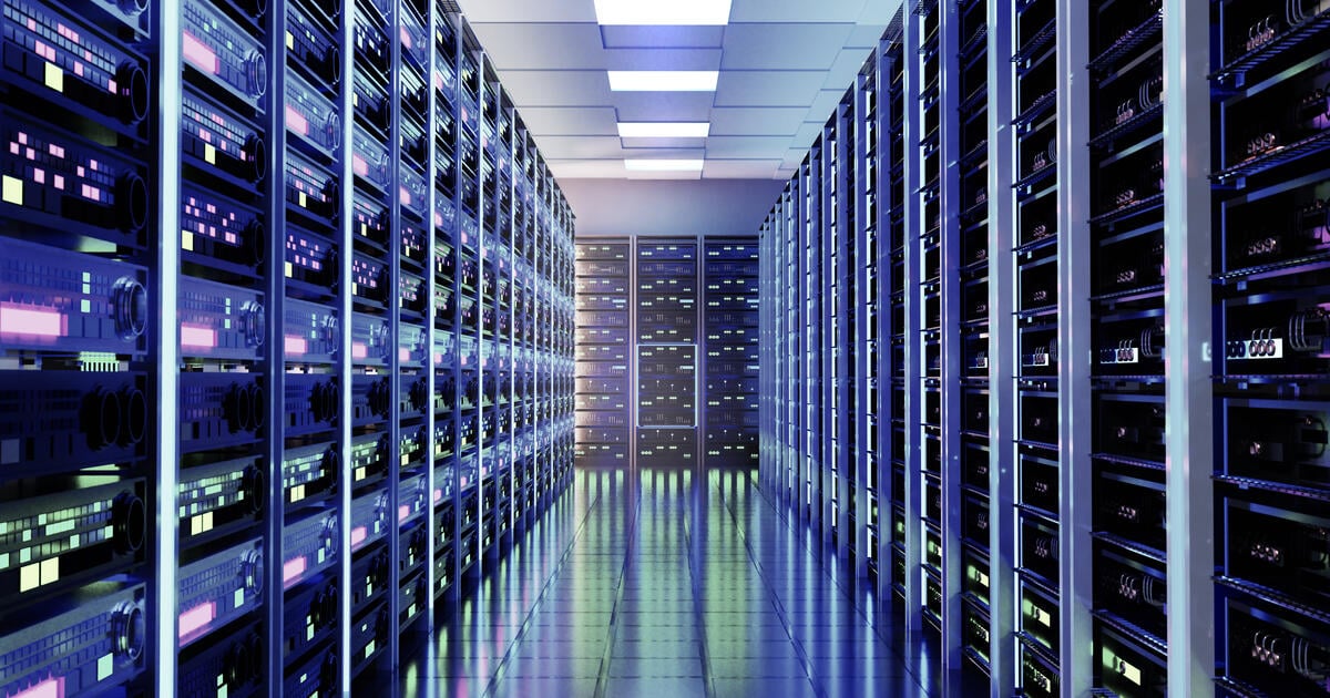 Server room with neon lighting