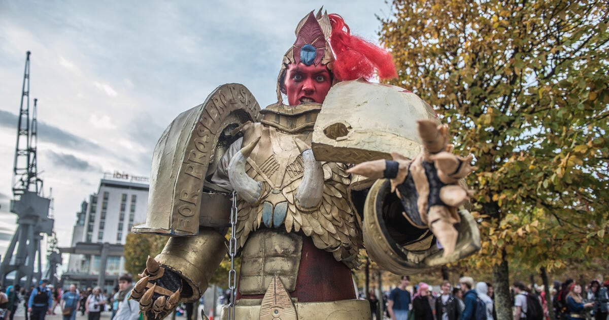 A Warhammer cosplayer in character in London
