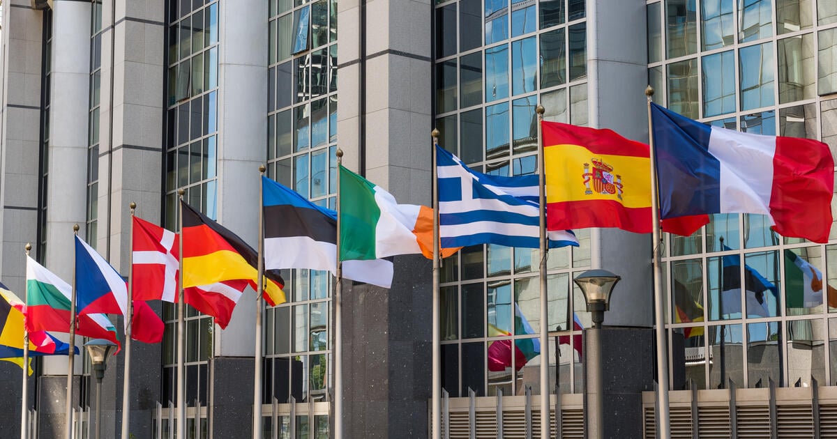 Flags of EU countries outside the European Parliament in Brussels