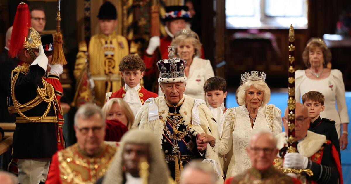 King Charles and Camilla walking at state opening of parliament