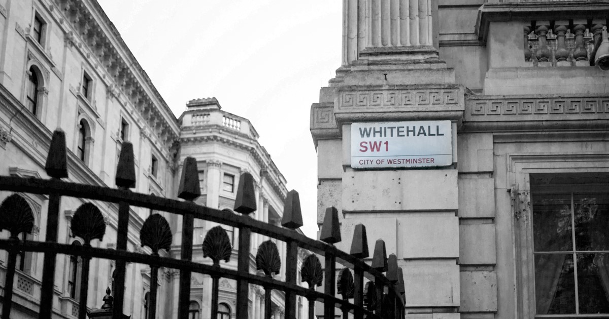 Whitehall sign outside Downing St London SEO