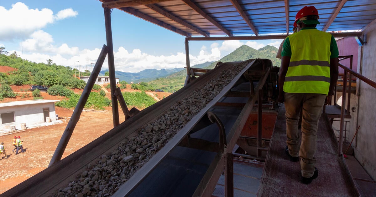 Crushed ore being sorted during industrial gold extraction in Mozambique