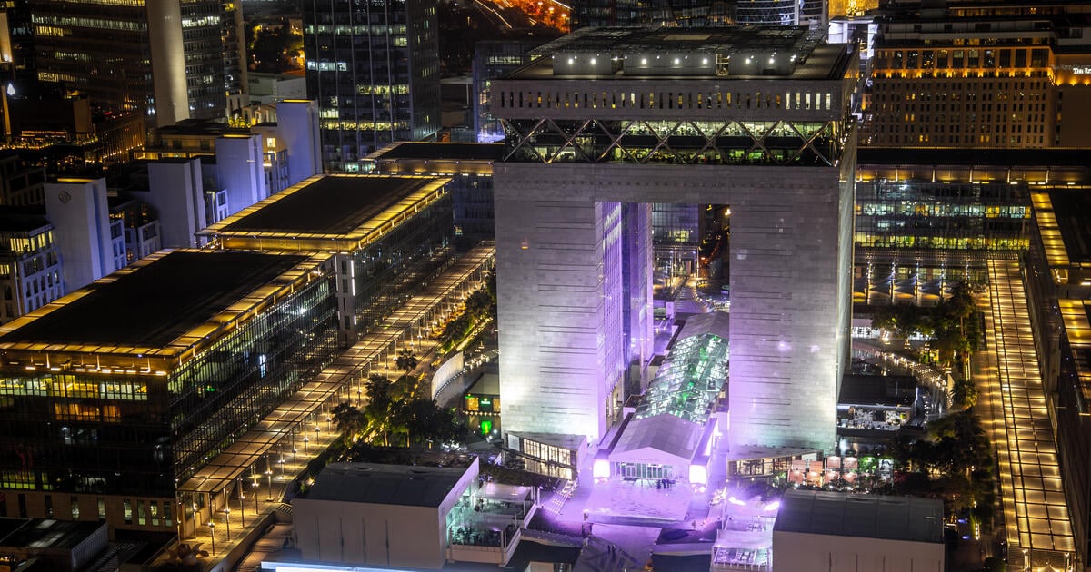 Cityscape of Dubai International Financial Centre at night