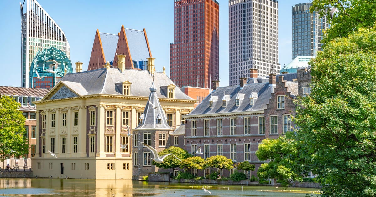 The Hague Hofvijver pond with the Binnenhof government buildings