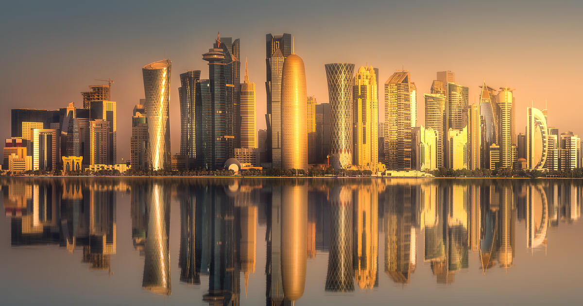 The skyline of West Bay and Doha City Centre during sunset, Qatar