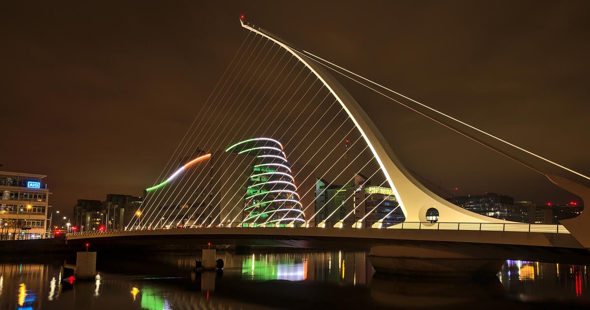 The Convention Centre Dublin with ring beam lighting imitating Irish flag