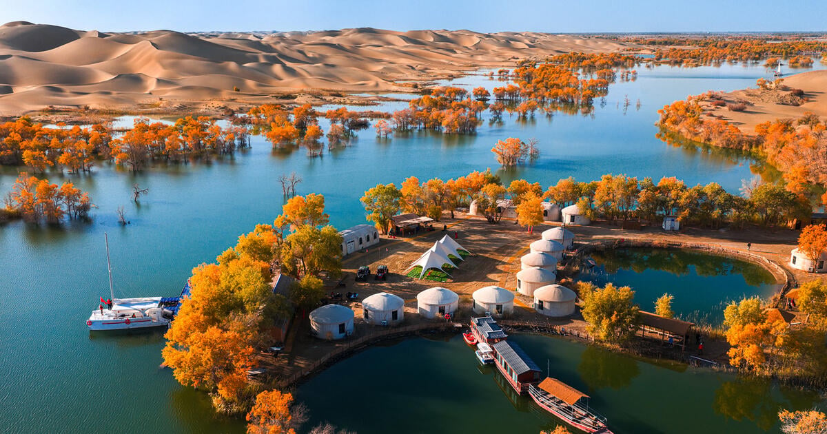 Village trees and water in Xinjiang China