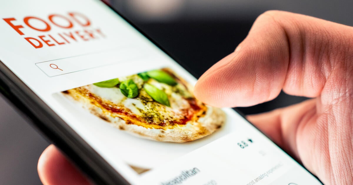 Food and pizza delivery with phone from restaurant. Online app order. Take away menu on website. Quick takeout service. Deliver home fast. Smartphone application in screen.