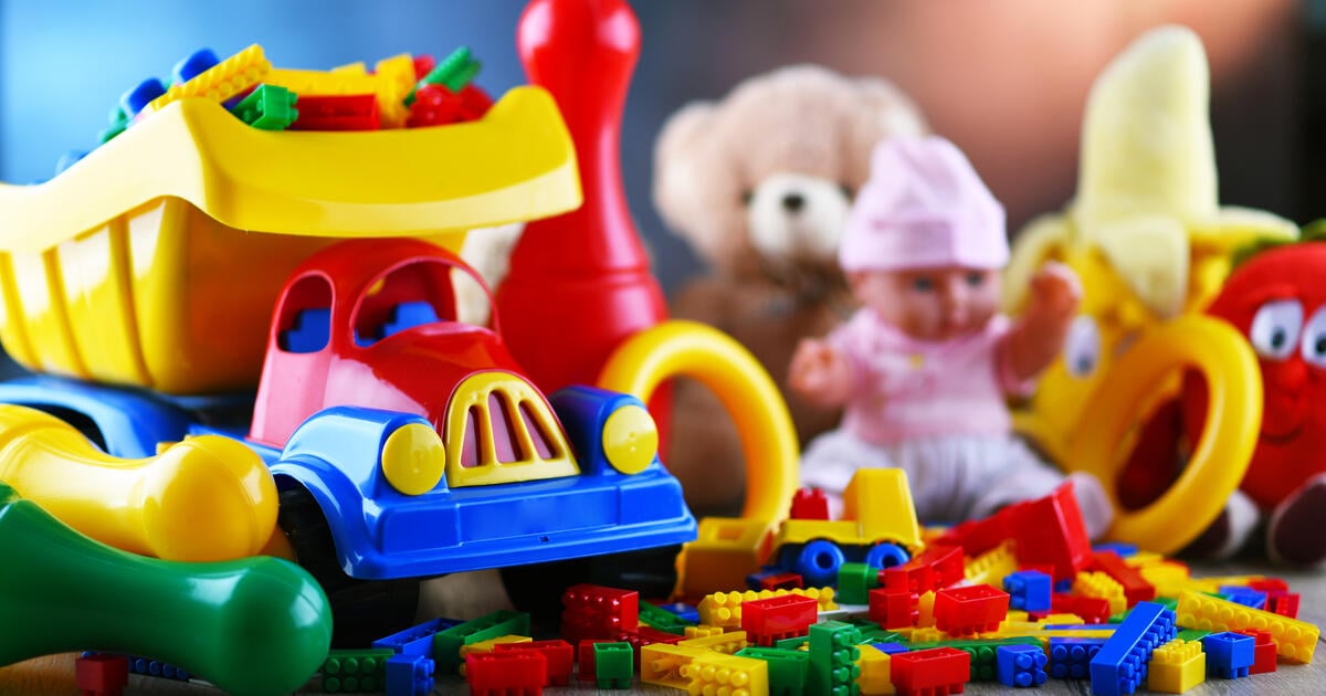 Colorful plastic and plush toys in a childrens room