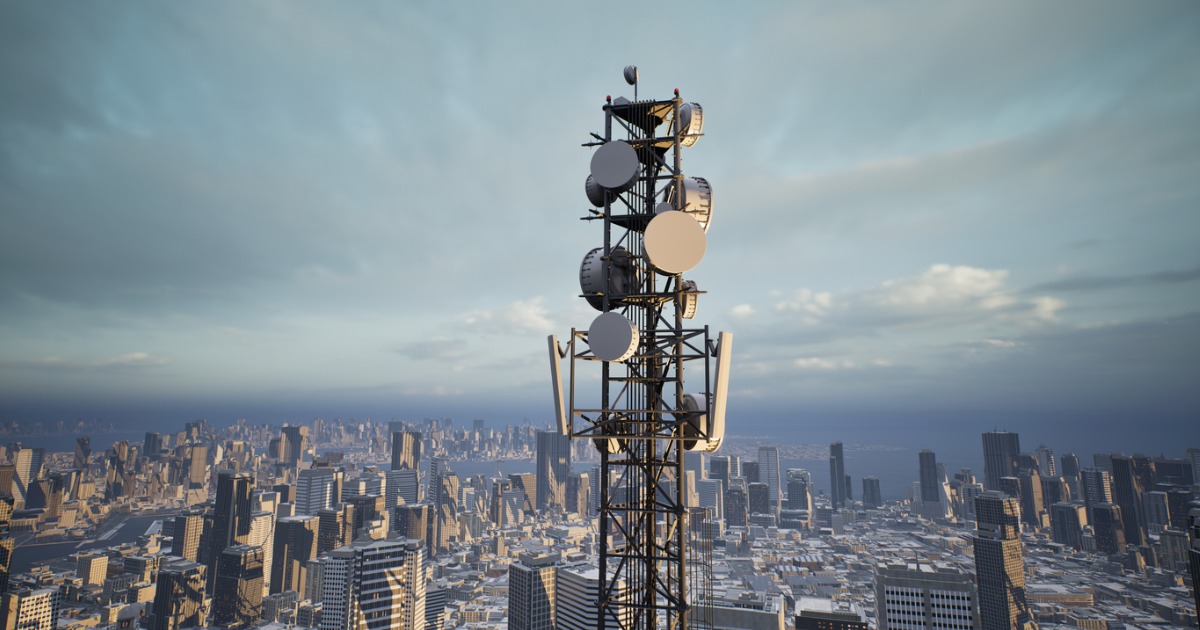 Telecommunication tower with 5G cellular network antenna on city background 3d render
