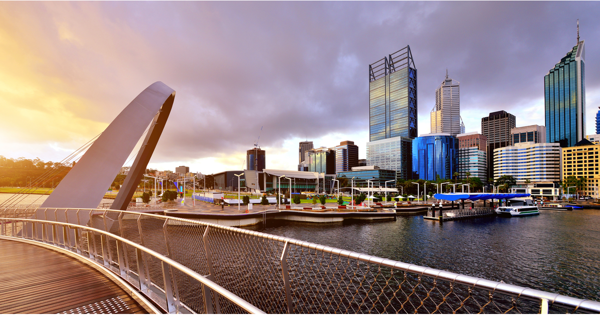 Australia infrastructure Perth skyline at sunset