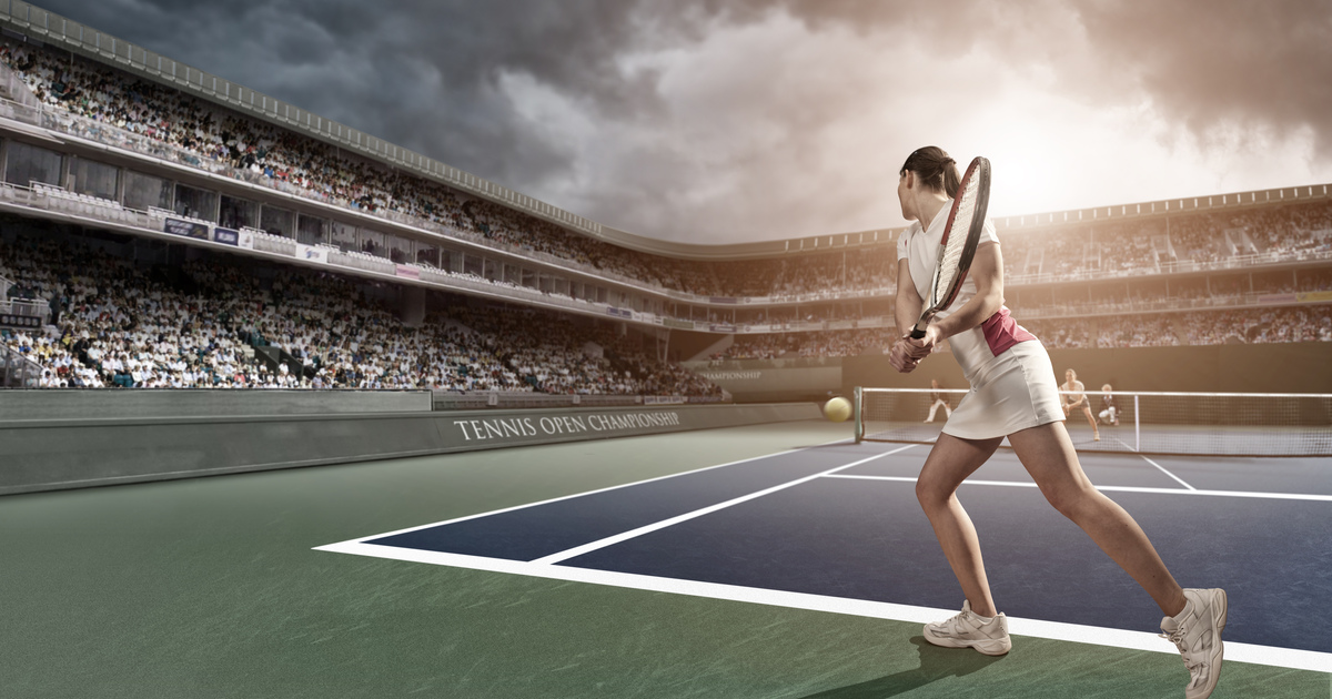 Tennis player female on blue hard court SEO
