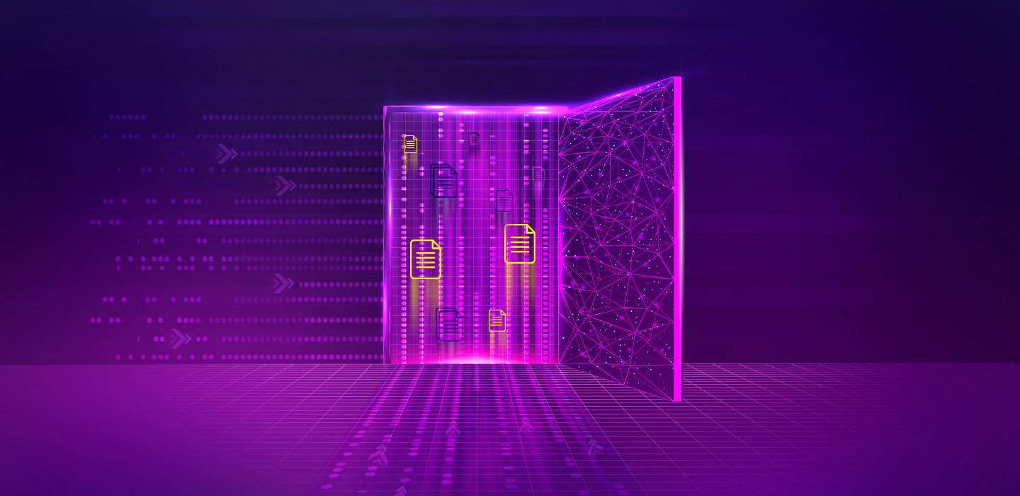 Purple digital portal with glowing data icons.